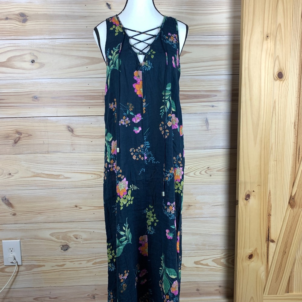 Lovestitch Maxi Dress Womens Medium‎ Navy Floral Lace Up Dark Boho
